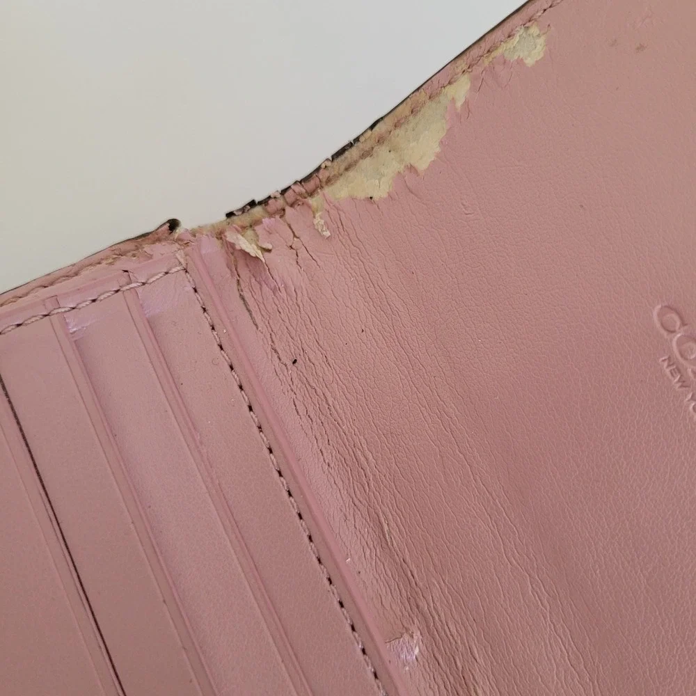 Coach Small Trifold Wallet Pink Khaki Signature Canvas Leather Trim